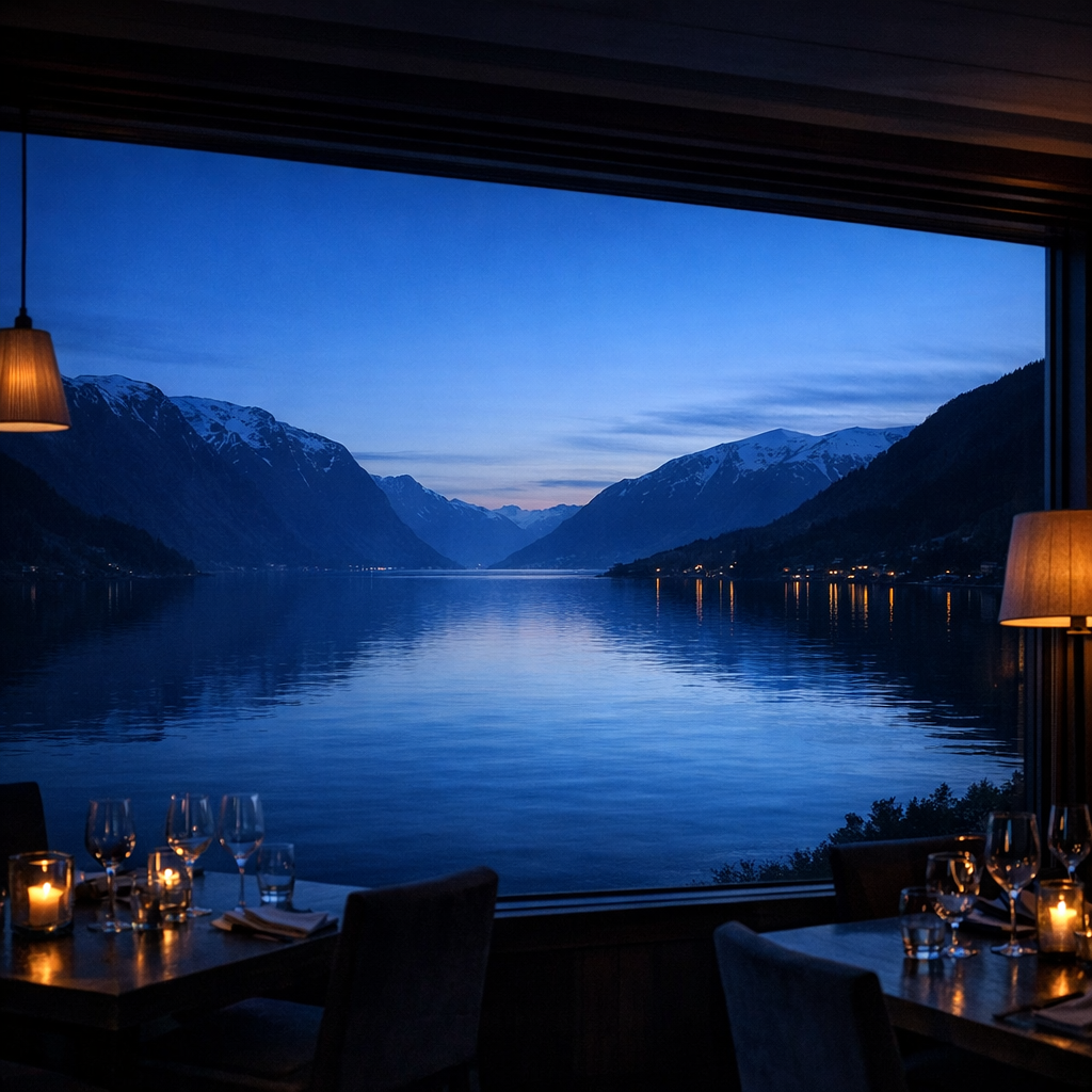 Utsikt mot fjorden gjennom restaurantvindu