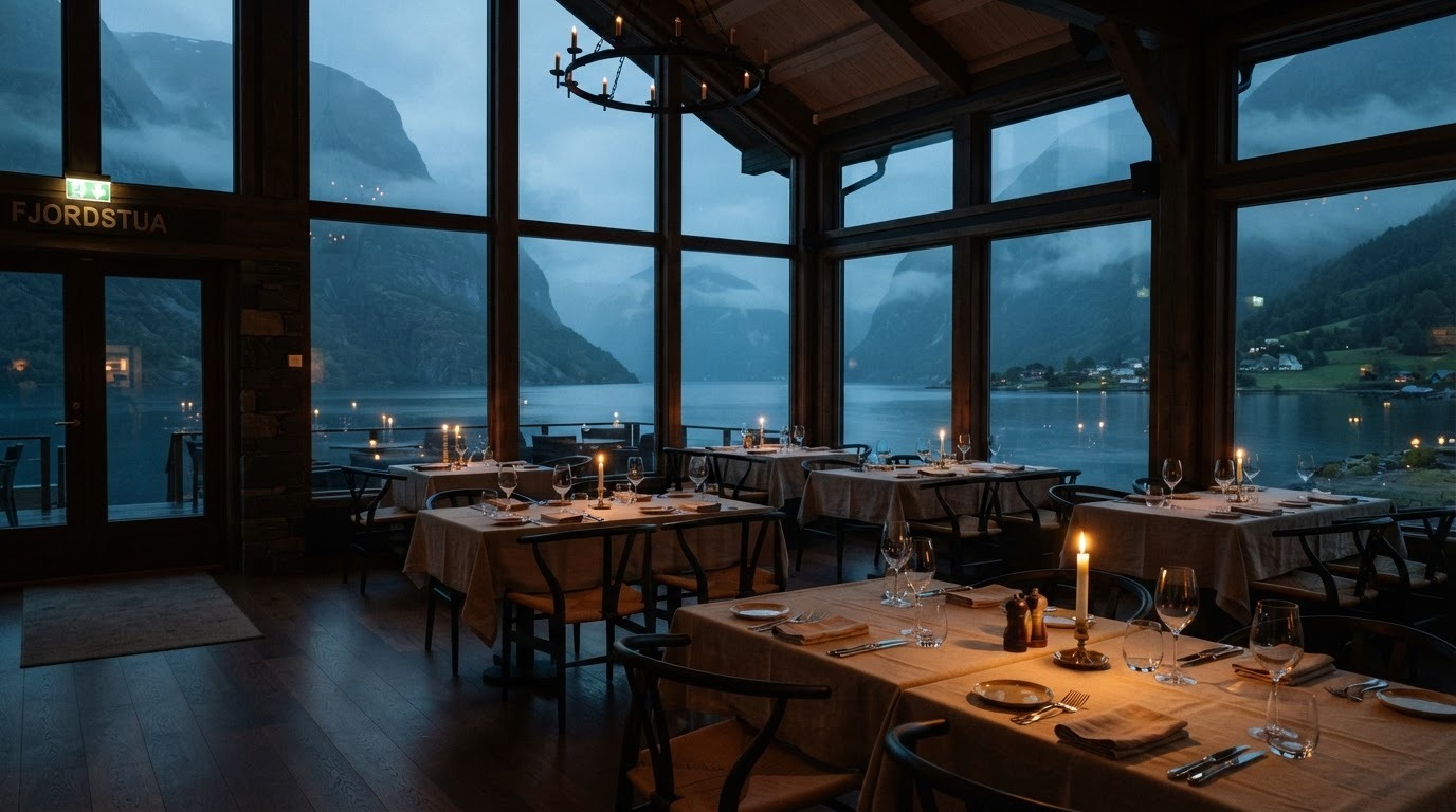 Restaurantinteriør med utsikt mot fjorden om kvelden
